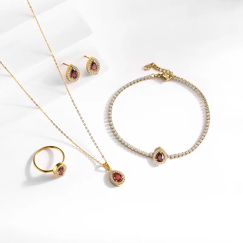 Bộ Trang Sức Bằng Thép Titan Lâu Trôi, Thiết Kế Giọt Nước Trái Tim Và Hình Quả Ngỗng, Vòng Tay, Vòng Cổ Và Hoa Tai, Với Zircon Và Ruby Vàng 18K, Bộ Cao Cấp