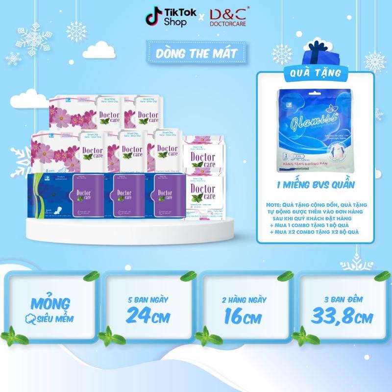 Combo 10 gói Băng vệ sinh D&C Doctor Care mát lạnh 5 ban ngày 24cm 3 ban đêm 33,8cm và 2 gói hàng ngày 16cm - băng vệ sinh mát lạnh - Tặng 3 Gift 1 miếng BN