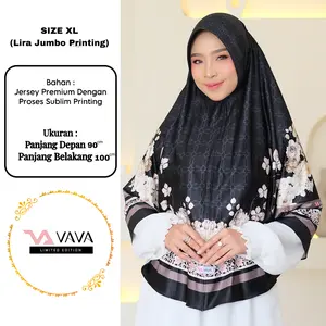 VAVA Hijab - Jilbab Instan Bergo XL JUMBO Pad Motif Printing Jersey Premium LIRA - Mahkota Muslim Kerudung Wanita Dewasa Panjang Syari Cantik Lembut Nyaman Hitam Navy