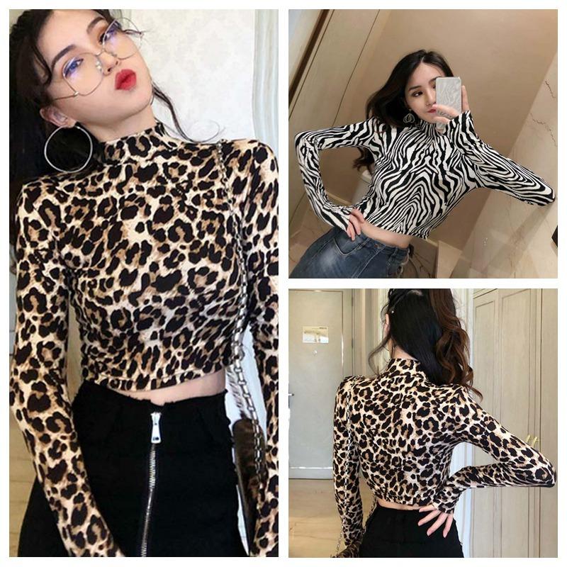 Áo Thun Nữ In Hình Da Báo Họa Tiết Ngựa Vằn Cổ Lọ Dài Tay Áo Crop Top