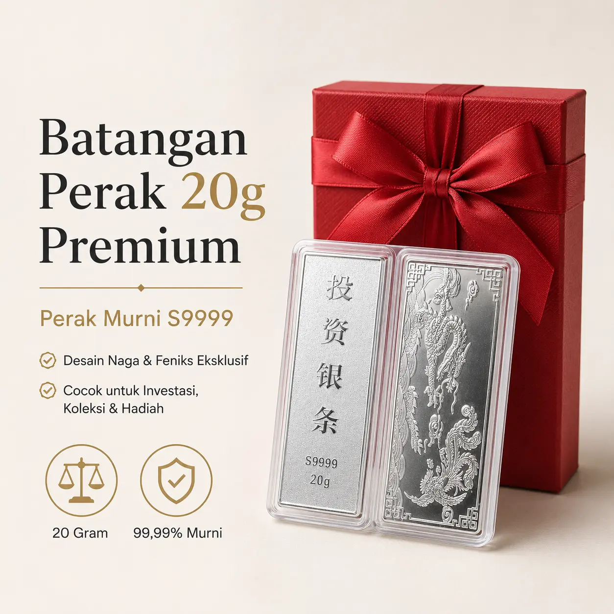 Batangan Silver Bar 20g S9999 Premium Perhiasan Perak Murni untuk Investasi dan Hadiah