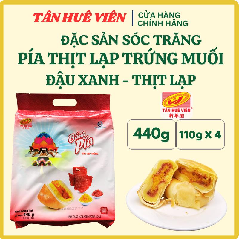   TÂN HUÊ VIÊN  BÁNH PÍA THỊT LẠP ĐẬU XANH CÓ TRỨNG MUỐI  4 bánh   Túi 440g 4bánh  110g x 4   Ăn vặt  Đặc sản Sóc Trăng Việt Nam  Food Cake. 