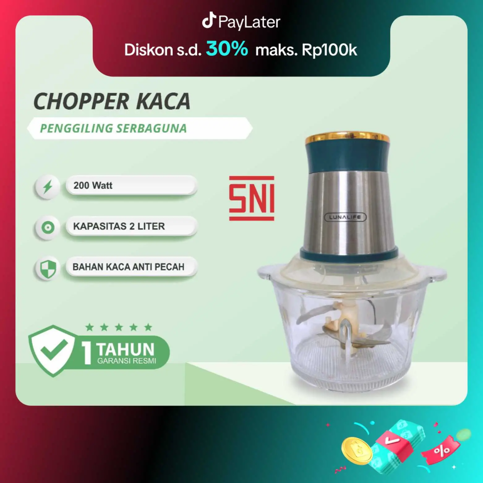 Luna 300W Food Chopper Kaca 2L SNI Food Processor Multifungsi Penggiling Daging 2 Speed Garansi 1 Tahun