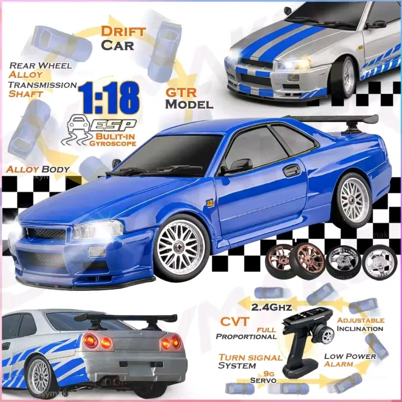RC DRIFT RWD NISSAN SKYLINE GTR R34 R-34 BODY METAL ALLOY SCALE 1/18 FAST FURIOUS BRIAN Remote Toys Control 1