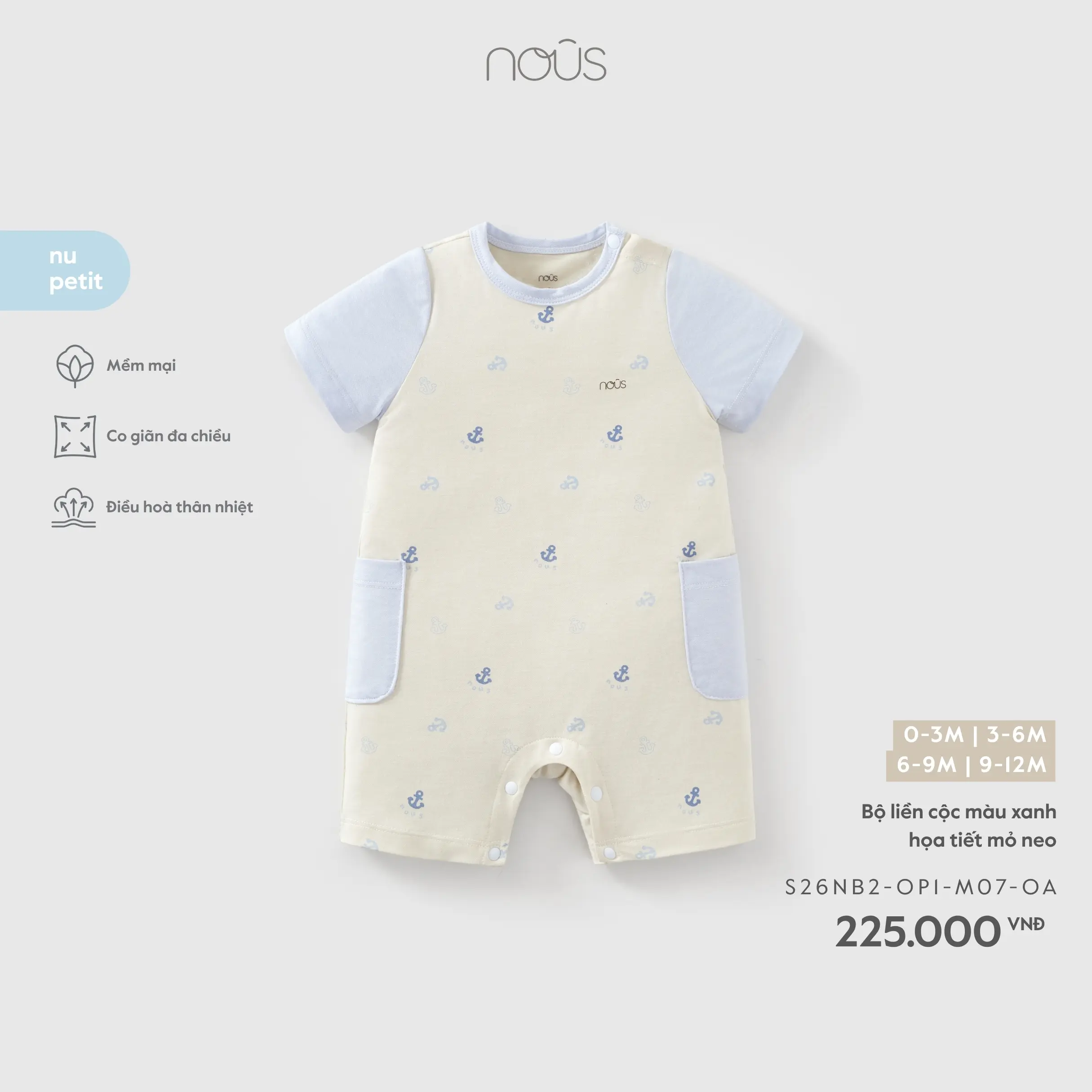 Bộ liền cộc màu xanh họa tiết mỏ neo Nous