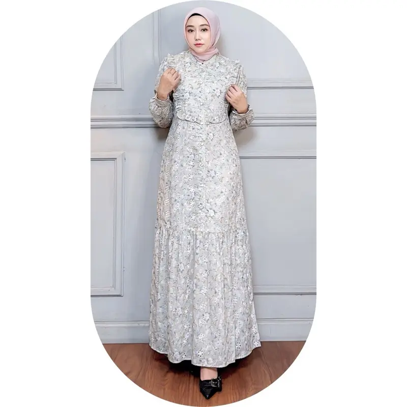 MOZHA SHAFURA. Cloth- ALIKHA DRESS Bahan Katun Bordir Kerancang Gamis Motif Wanita Panjang Berpuring Nyaman Halus Lembut Kancing Busui dan wudhu friendly Casual Mewah Formal Simple Elegant Muslim Kombinasi Kerah Variasi Kotak 1