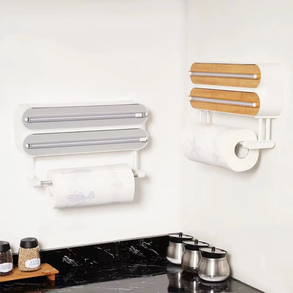 Plastic 3in1 Wrap Dispenser Magnetic Self adhesive Cling Film Dispenser Wall Mount Stretch Baking Kitchen Tool