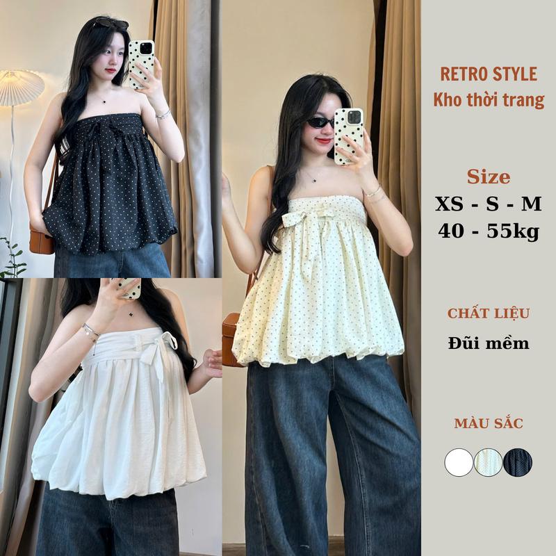 ÁO BÍ CÚP NGỰC LƯNG BO CHUN FORM BASIC SHOULDER TOP kiểu quây bí phồng thắt nơ ngực A520 Retrostyle