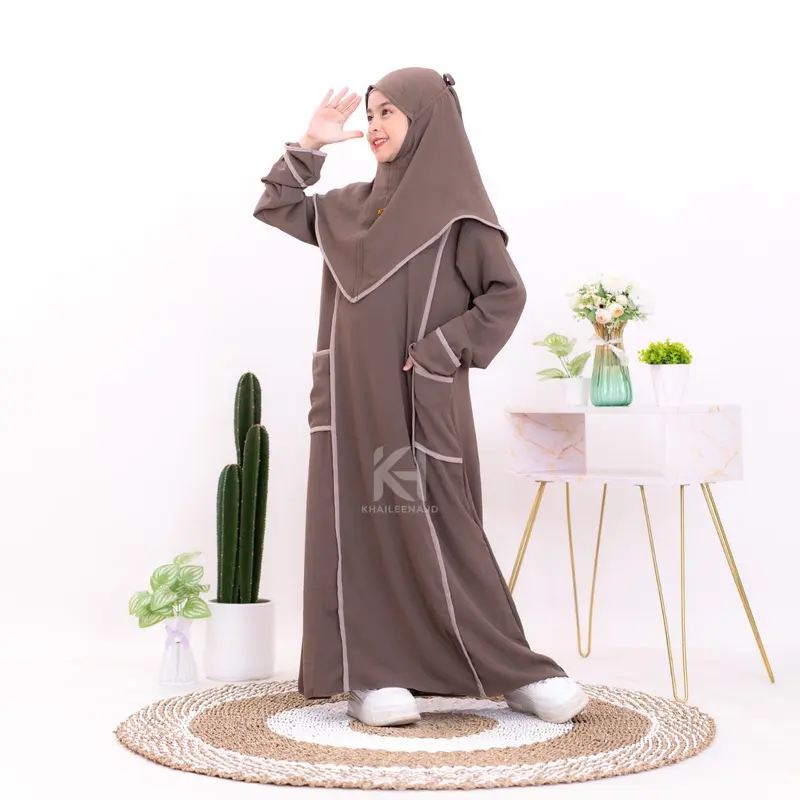 Abaya Anak Set Hijab Baju Gamis Anak Perempuan Umur 5-13 Tahun Model Kombinasi List - Crinkle, Airflow Dress Muslim Variasi Hitam Putih Brown Maroon 0