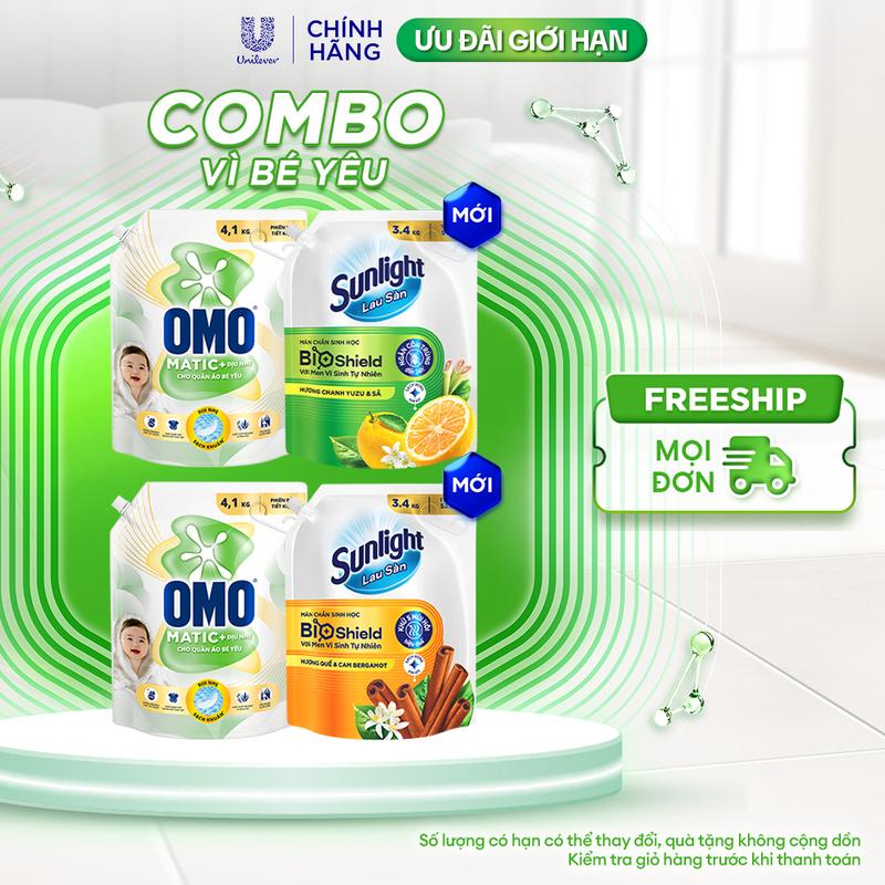 COMBO VÌ BÉ YÊU | Nước giặt OMO Matic Cho Quần Áo Bé Yêu - Túi 4.1kg | Nước Lau…