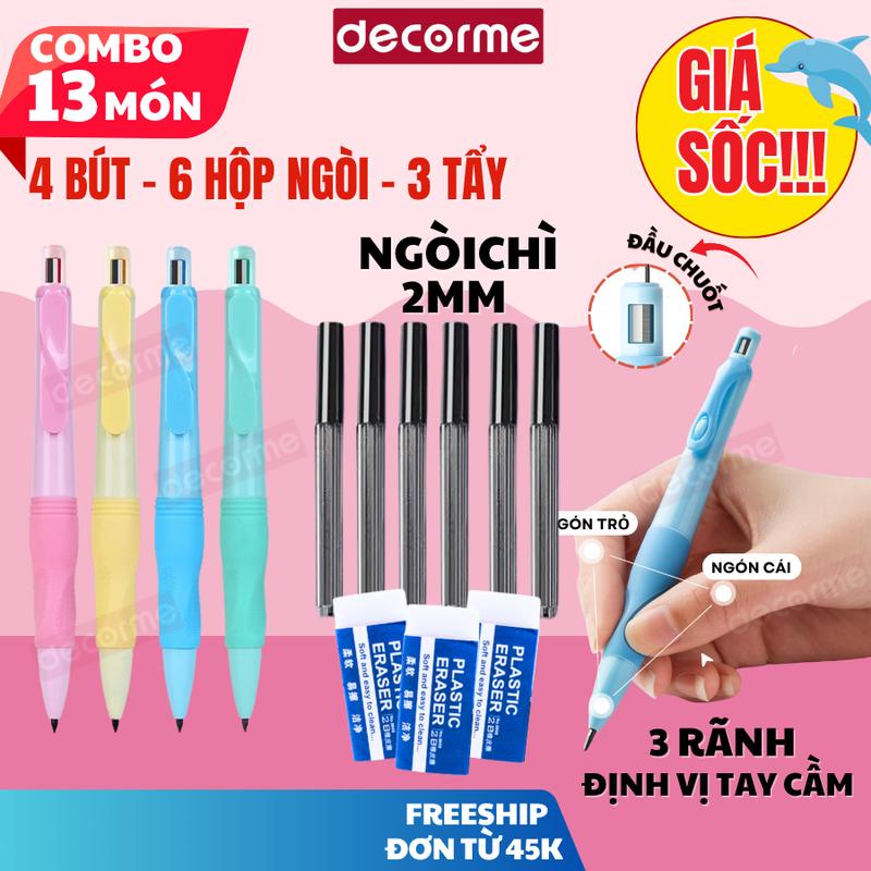 Combo 4 bút chì cá heo kèm 6 hộp ngòi và 3 gôm tẩy cho bé tập viết Decorme giúp bé cầm bút đúng tư thế, viết lâu không đau, không mỏi tay đồ dùng học tập văn phòng phẩm