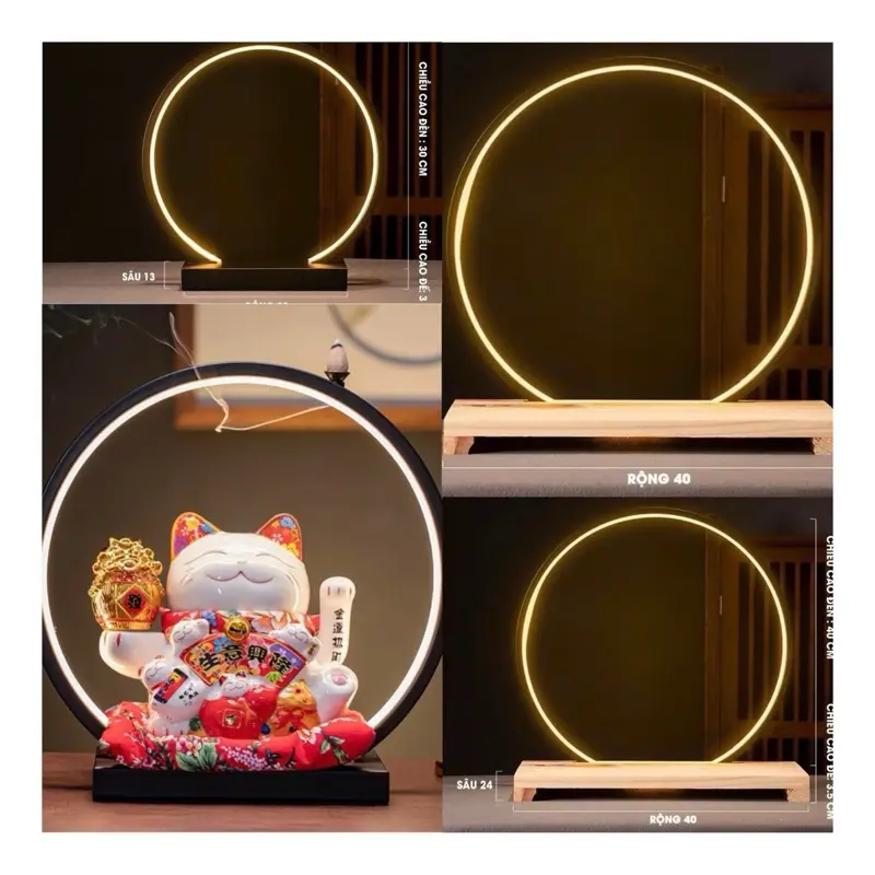 Kệ đèn led tròn đế kim loại - đế gỗ hào quang trang trí chỉnh được 3 màu 0