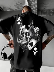 メンズ パンク スカル・ダイスプリントTシャツ、ルーズなフィット、大判サイズ、半袖、日常の通勤向けのカジュアルストリートウェア