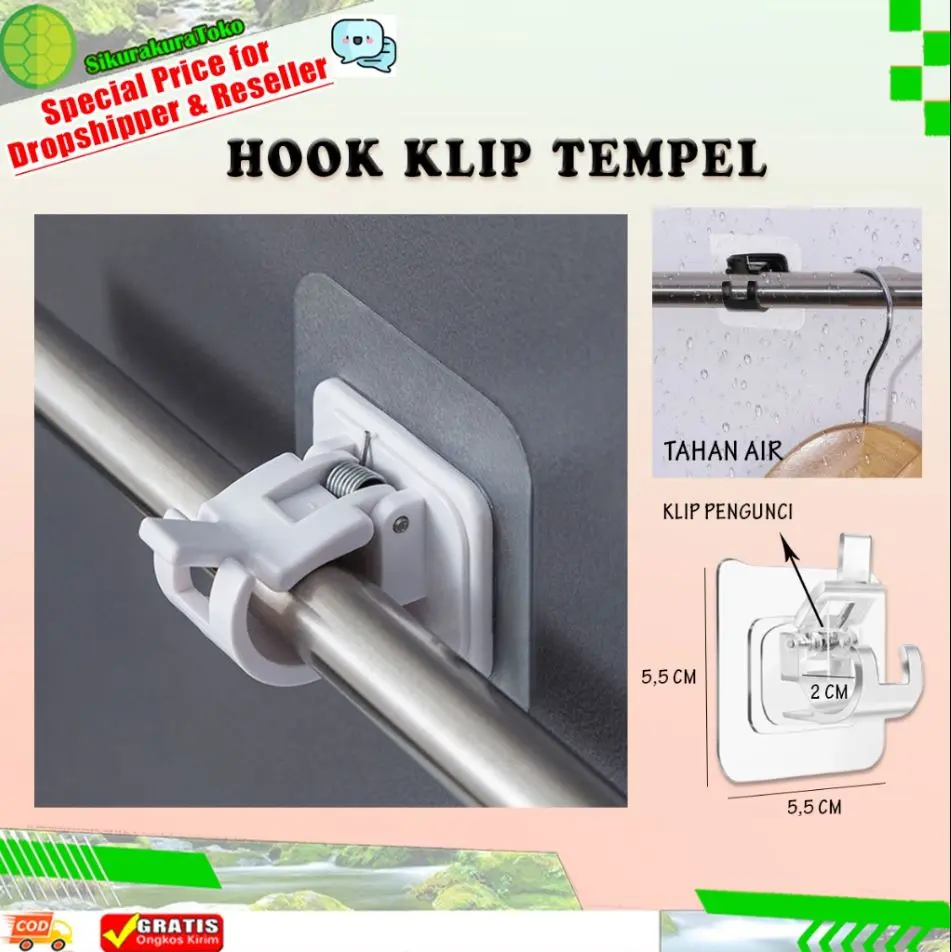 (skr) Hook Klip Pengait Tempel Dinding hanger gantungan soket tiang serbaguna tirai gorden bracket multifungsi
