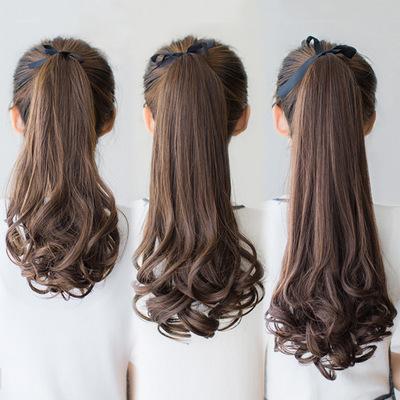 Wig Ponytail Anak Rambut Palsu Extension Hair Clip Ponytail Model Pendek Keriting 35cm Ponytail Curly Tali Fashion Poni kuncir kuda keriting berbentuk buah pir dengan pita, rambut tiruan yang modis dan alami, kuncir kuda palsu yang ringan.