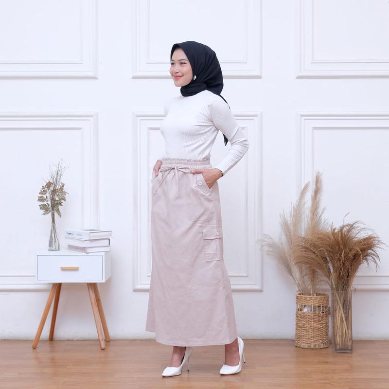 Cargo Twill Combed Street dengan Pinggang Karet dan Tali Serut - Nyaman Panjang Santai Wanita Casual Samping rok Pendek 4