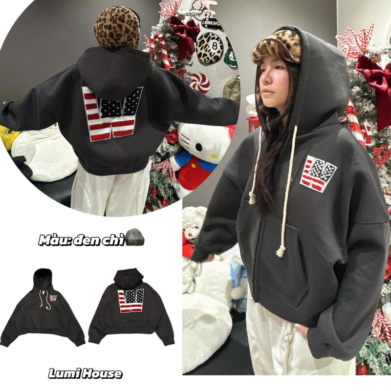 ( VẢI DÀY MÙA ĐÔNG) (MỞ BÁN) LUMI HOUSE ÁO KHOÁC HOODIE ZIP FORM BOXY RỘNG (CHẤT LIỆU NỈ HAI LỚP DÀY)  ÉP HÀN MỚI HÌNH THÊU XÙ BI-A STYLE HIP HOP K01