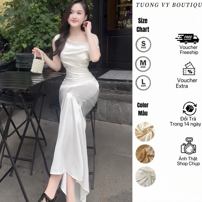 Váy Lụa Lệch Vai Dáng Dài Nhấn Eo Có Mút Mặc Đuọc Nhiều Kiểu Phong Cách Sang Trọng Nhẹ Nhàng Dành Cho Nữ Đi Tiệc  Dress Women Voi - XS258 Sen