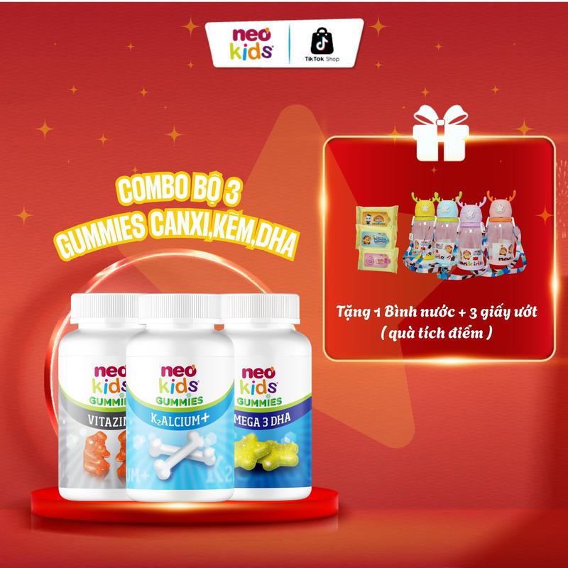 Combo 3 hộp Viên nhai Canxi, Kẽm hữu cơ và Omega 3 DHA Neo Kids bổ sung đầy đủ các loại vitamin giúp con phát triển toàn diện về chiều cao, đề kháng, ăn ngon hấp thu tốt, thông minh cho bé