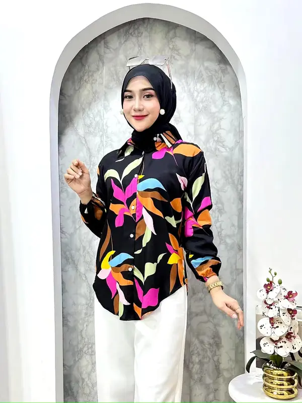 Kemeja Wanita Oversize Shirt Rayon Motif Premium - Kemeja Basic Blouse Lengan Karet 2