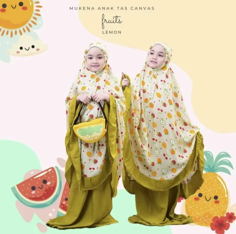 Mukena Anak Tanggung Fruits Hyget Premium Satu Set Atasan Bawahan Tas - Sajadah 4
