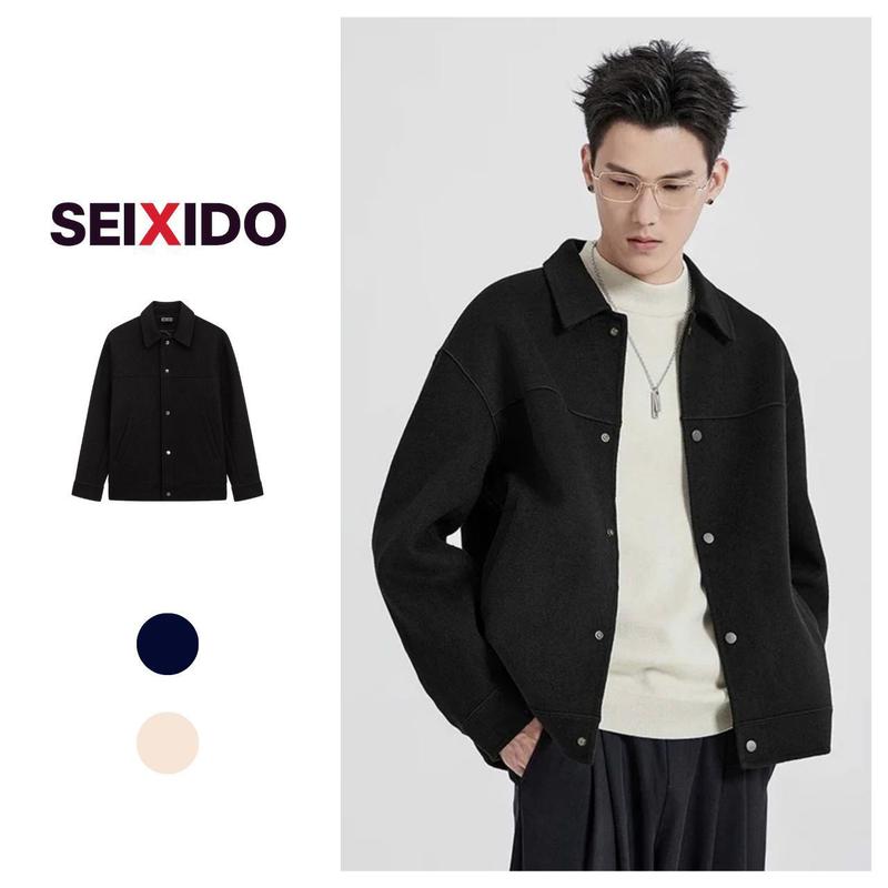 SEIXIDO Áo khoác dạ ép nam thiết kế cúc bấm cổ bẻ N001