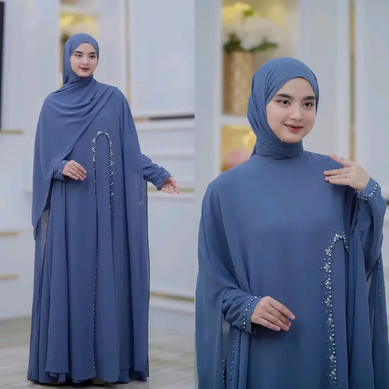 Gamis Wanita Dewasa Set Hijab Pashmina Bahan Ceruty Full Puring Gamis Lebaran Kondangan Pengajian Mewah Cantik Nyaman Pesta Remaja Payet 2