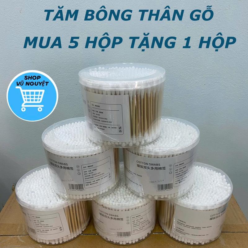 (MUA 5 TẶNG 1) Combo 6 Hộp Tăm Bông Thân Gỗ 2 Đầu, Tăm Bông Ngoáy Tai Bông Tự Nhiên Thân Thiện Với Môi Trường