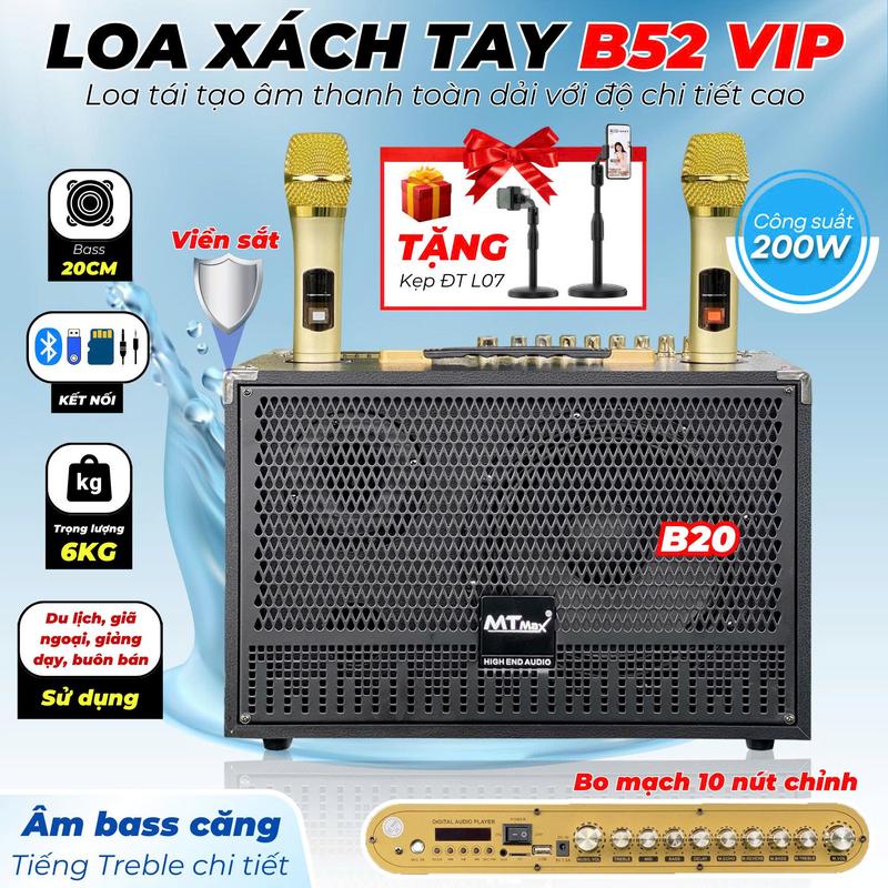Loa Karaoke Xách Tay | MTMax B52 Vip 200W  Bass 20, 10 Nút Chỉnh, Kèm 2 Micro Karaoke Gia Đình, Du Lịch, ĐI Chơi Dùng Thử 7 Ngày - Bảo Hành 12 Tháng