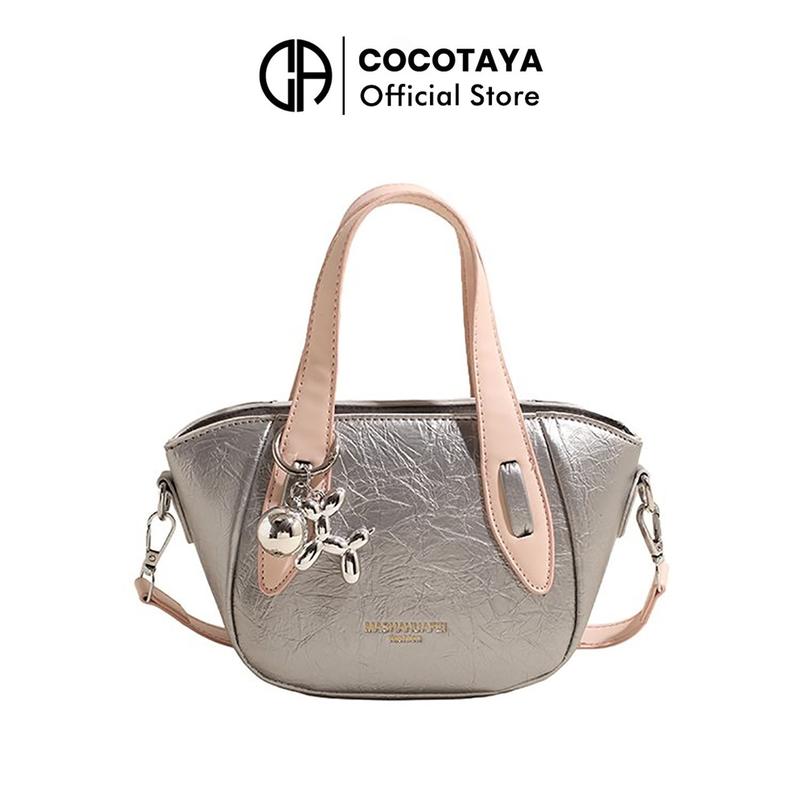 Cocotaya Túi xách bóng loáng khâu hai màu da PU thời trang dành cho nữ, túi đeo vai thông thường (có 1 mặt dây chuyền)