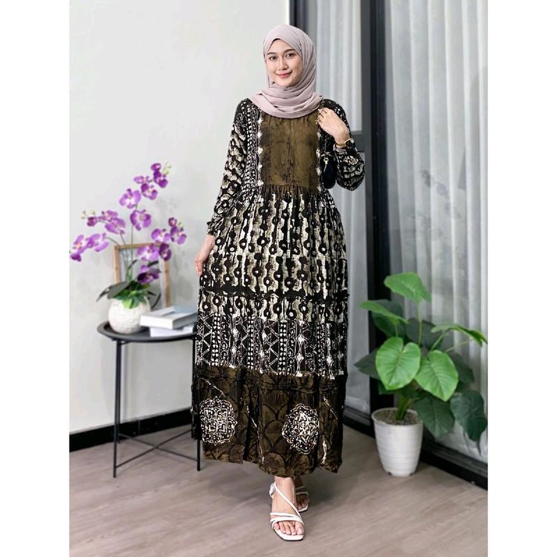 Zaneera Batik - Gamis Twill Ori Cap Malaman Pekalongan Rayon Premium Tebal Berkualitas Motif Tiara Series Dress Muslim Wanita Terbaru Model Susun Rempel Karet Nyaman Lembut 3