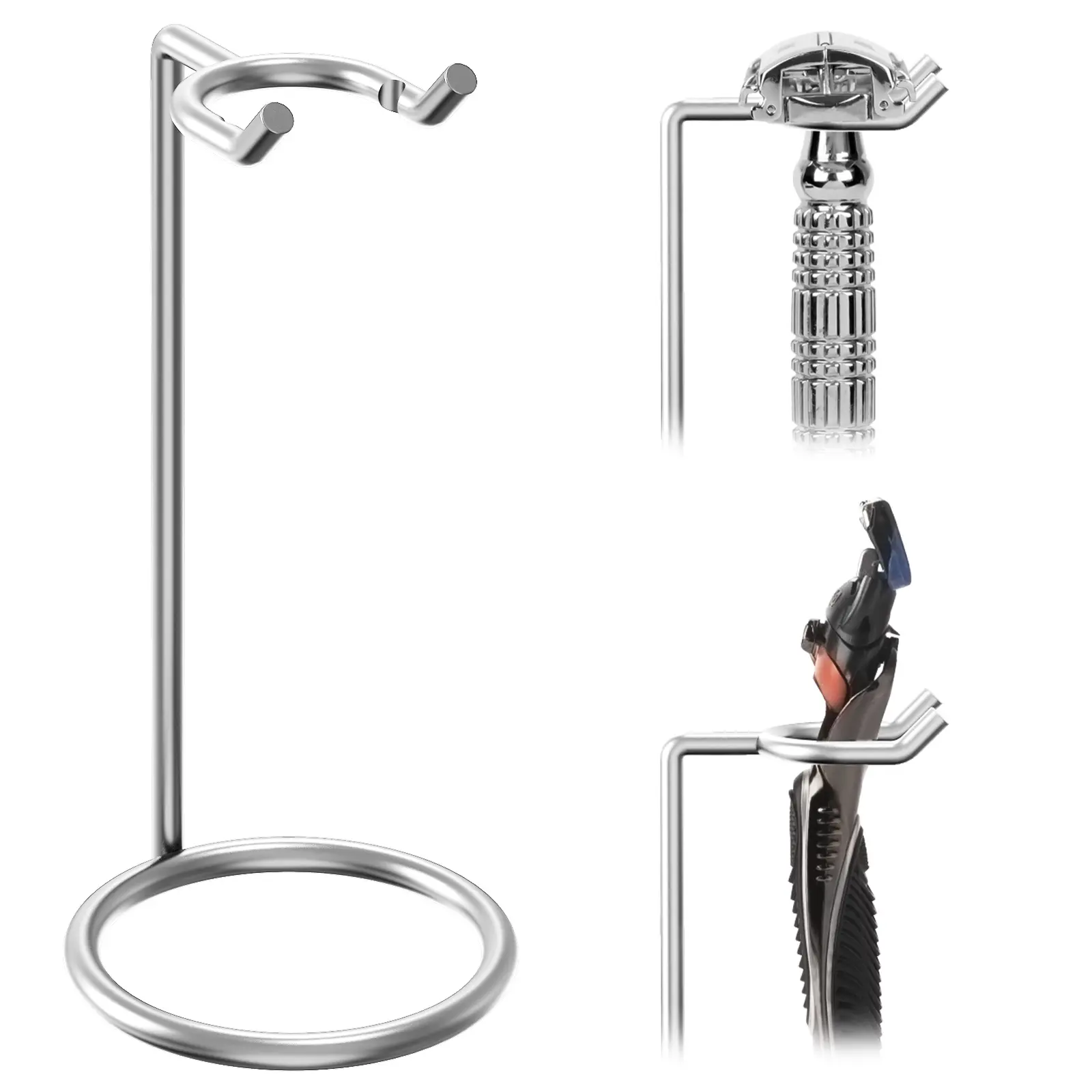 Stainless Steel Safety Razor Stand, Shaving Razor Holder, Deluxe Men's Travel Shaver Stand, Compatible with Long Handle Safety Razor, Fusion 5, ProShield, Mach 3 (Silver/Polished Chrome)