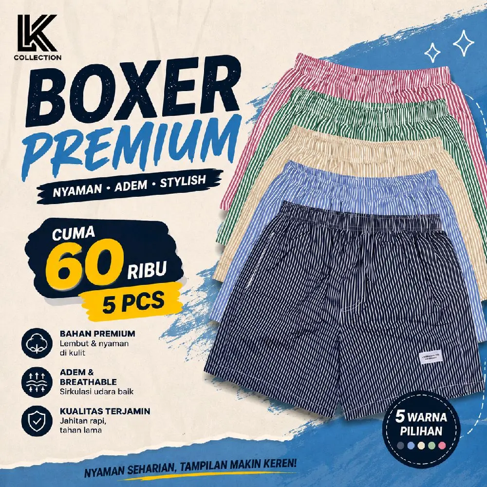Celana pendek hotpants Boxer Paket Hemat 60 ribu 5 Pcs Motif Salur Unisex Pria Wanita Bahan Premium Nyaman
