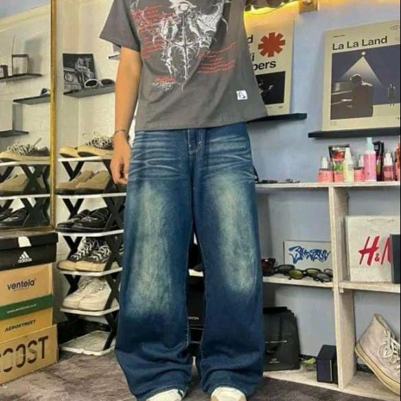 Celana Jeans Wisker Pria Wanita Unisex Wide Leg Lebar Gombrong Skena Black Wisker pria loose fit jumbo big keren Bahan Denim Celana jeans gombrong Korean style Panjang Hitam 2