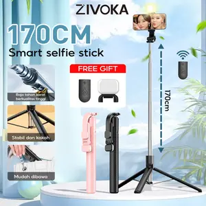 (Gratis  100%Asli Lampu Pengisi) ZIVOKA Tripod Tinggi 1700mm, Rotasi 360°, Tripod yang Dapat Disesuaikan, Tongsis, Remote Control Bluetooth dengan Lampu LED - ZT01