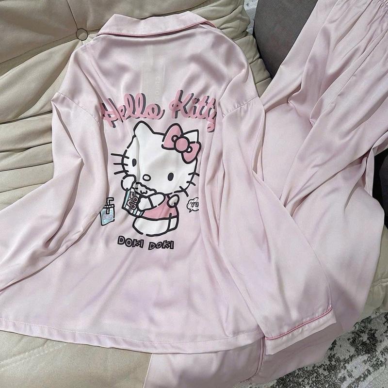 Bộ ngủ lụa hồng hello kitty áo dài quần dài SP1652