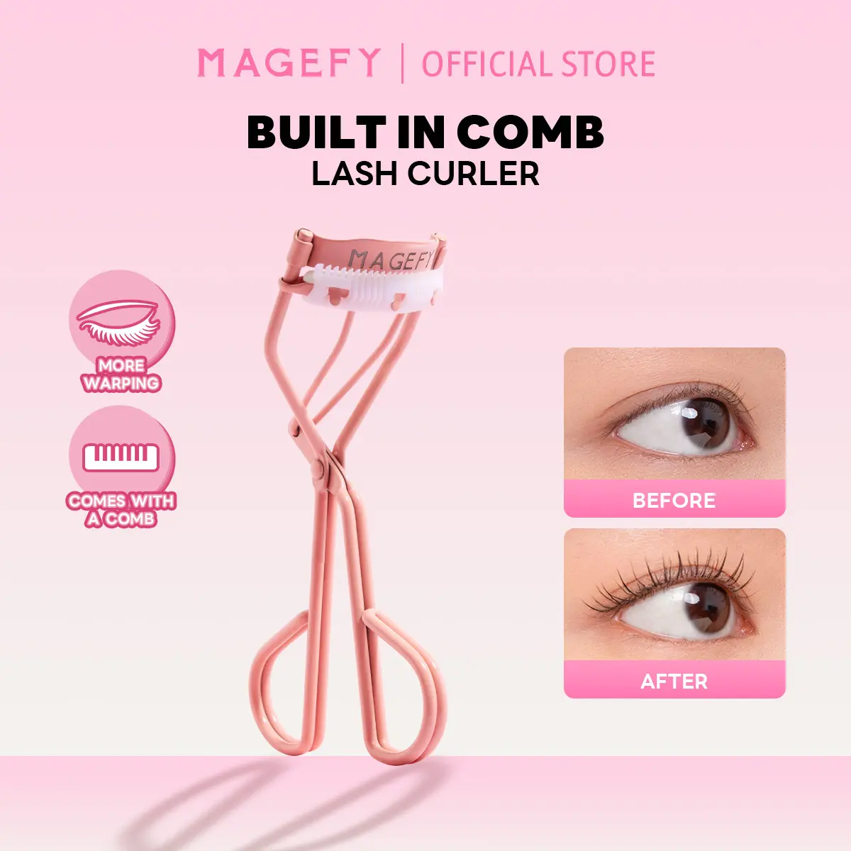 MAGEFY Built-in Comb Lash Curler - Penjepit Bulu Mata Merah Muda dengan Sisir Bawaan & Bantalan Silikon Lembut untuk Hasil Lentik Alami dan Tahan Lama 1305 Eyelash
