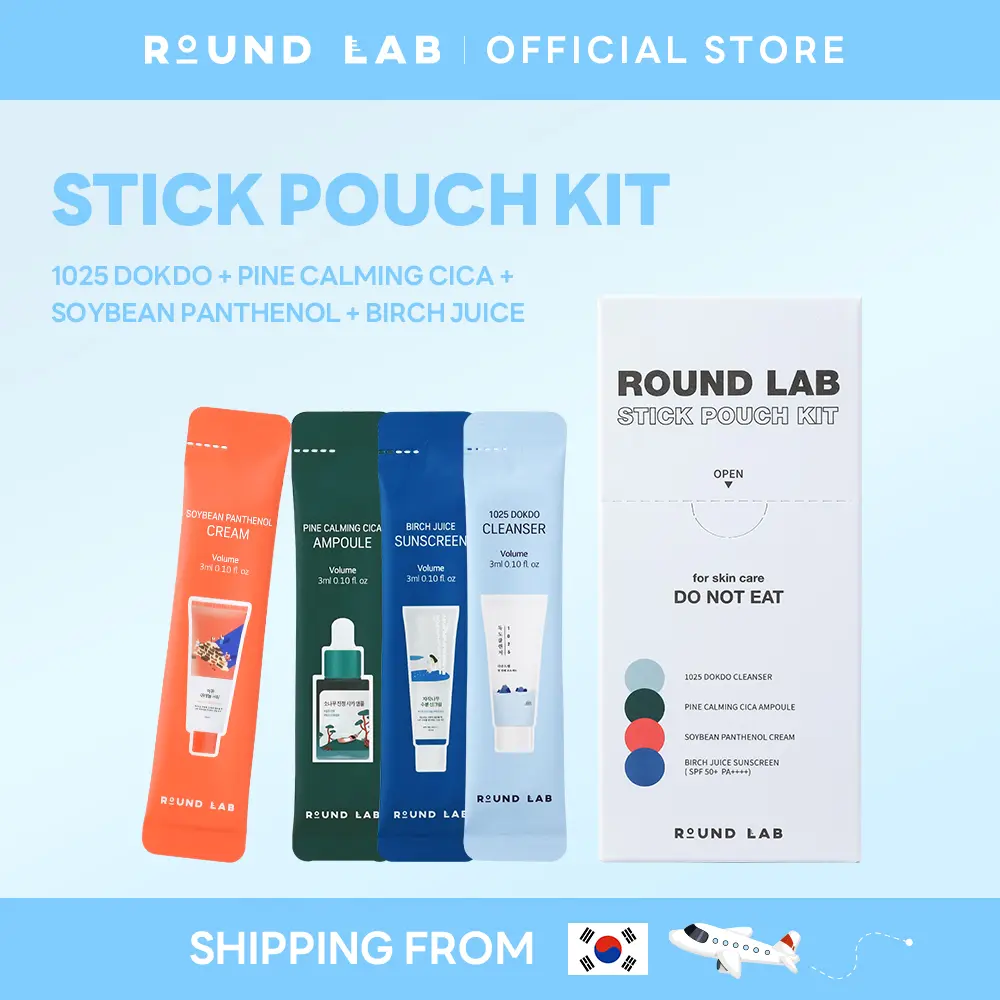 [GWP][ROUND LAB Official] Stick Pouch Kit (1025 Dokdo Cleanser 3ml*3ea, Pine Calming Cica Ampoule 3ml*3ea, Soybean Panthenol Cream 3ml*3ea, Birch Juice Moisturizing Sunscreen 3ml*3ea)