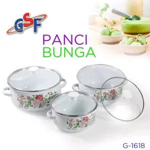 Set Panci Bunga Enamel GSF-1618 dengan Tutup Kaca - 3 Pcs - Kitchenware