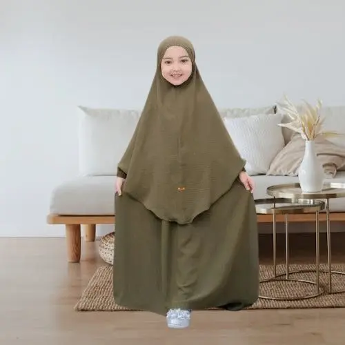 Khadijah Set gamis syarii plus hijab anak perempuan Muslim Crinkle Airflow Baju 4