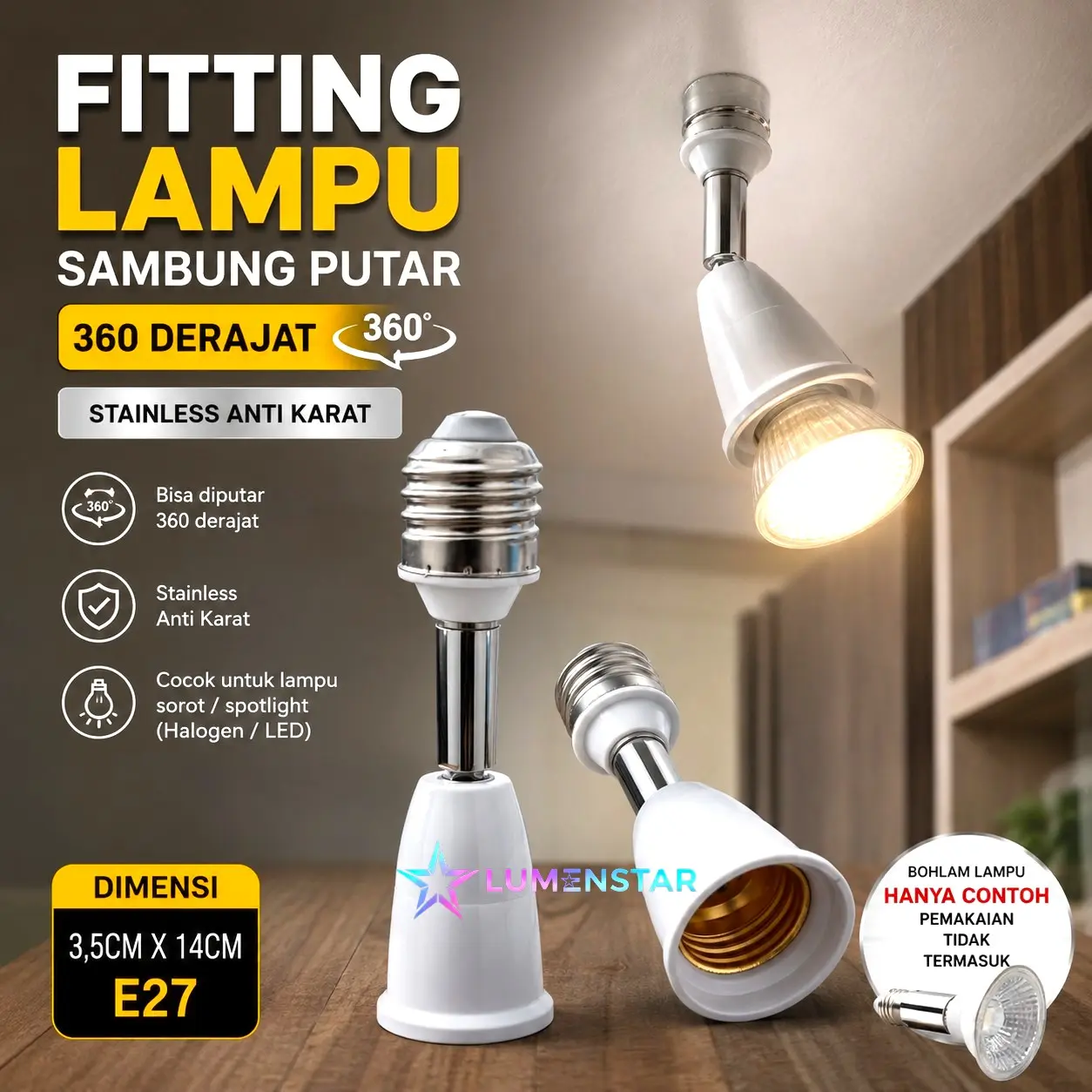 Fitting Flexibel Bohlam Lampu E27 Fitting Lampu Sambung Putar 360 Derajat