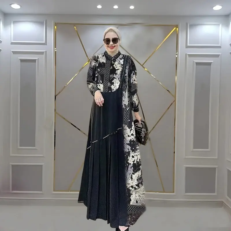 Gamis Jumbo Elegan Terbaru Kain Silk Motif Bunga Mewah Wanita Muslim  Dress LD UP TO 140 - Baju Busui & Wudhu Friendly 5
