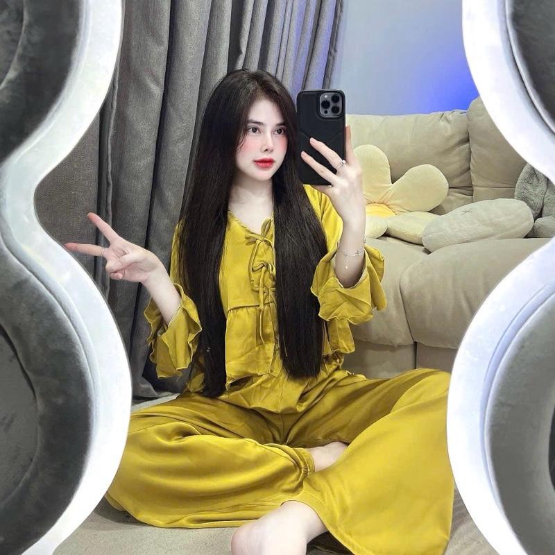 Sét bộ ngủ pijama nữ chất lụa latin phong cách tiểu thư xinh xỉu (freesize 40-60kg) Women Áo Nhung Kem Voi