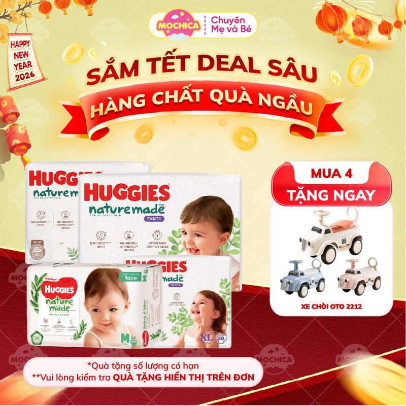MEMIN COMBO 4 TẶNG XE CHÒI OTO Tã Dán Quần Huggies Platinum Nature Made Size NB60 S82 M64 L54 XL44 - M58 L44 XL38 XXL26 miếng