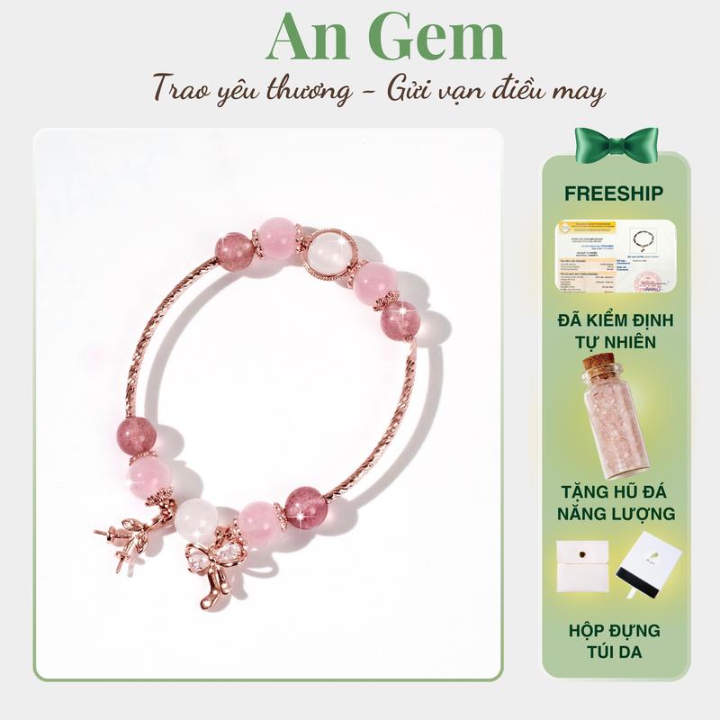 Vòng tay nữ đá tự nhiên mix charm vàng hồng An Gem, lắc tay đá phong thủy năng lượng tích cực phối charm nơ cherry tinh tế Bracelet Rose Gold phụ kiện quà tặng sinh nhật giáng sinh Noel Tết Valentine [TẶNG HŨ ĐÁ NĂNG LƯỢNG]