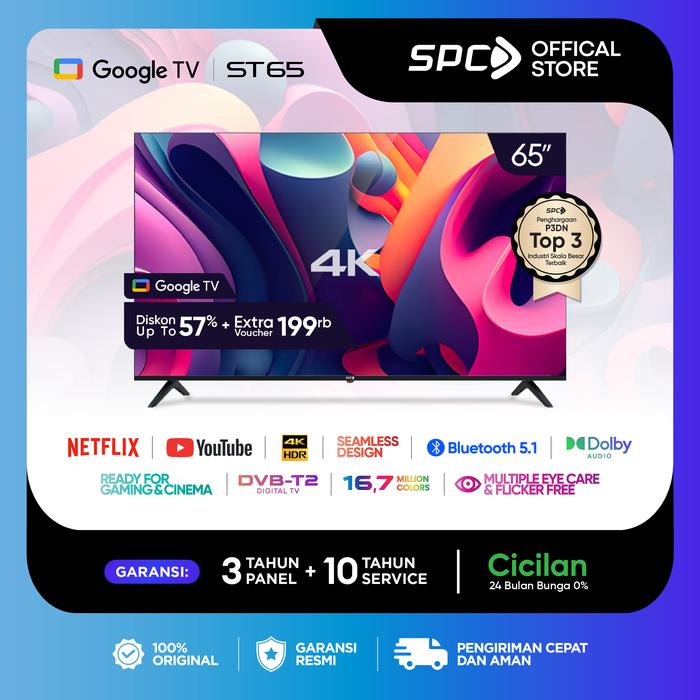 Gambar SPC Smart TV 65 inch ST65 - Google TV 65 inch 4K UHD | Dolby Audio | Google Assistant | Digital TV | Frameless | Ultra Slim Layar Hdmi dari SPC Indonesia Kota Administrasi Jakarta Utara Tokopedia