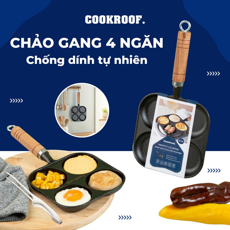   Hàng mới về  Chảo Cookroof 4 Ngăn Chống Dính Chảo Làm Bánh Tay Cầm Gỗ Dễ Vệ Sinh Dùng Được Bếp Từ Bếp Gas 