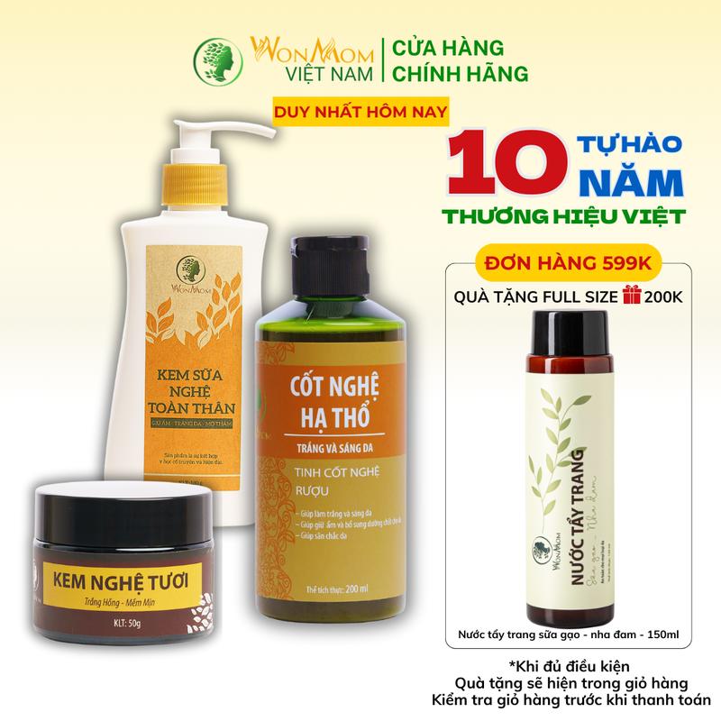 Combo 3 Món Từ Nghệ Làm Đẹp Da Dưỡng Body Nữ Trắng Hồng Body 430g Wonmom ( Kem nghệ tươi + Cốt nghệ hạ thổ + Kem Sữa Nghệ) Skincare