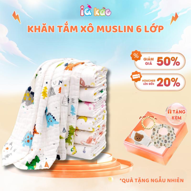 Khăn tắm muslin 6 lớp vải xô cho bé IQKAO - Khăn ủ choàng thoáng mát mềm mịn chất liệu an toàn size 110 x 105cm KT61