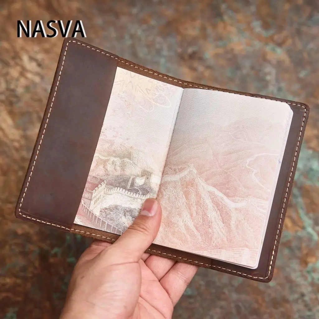 NASVA Genuine Leather Passport Holder Vintage Passport Book Document Bag Single Passport Book Set Registration Ticket Card